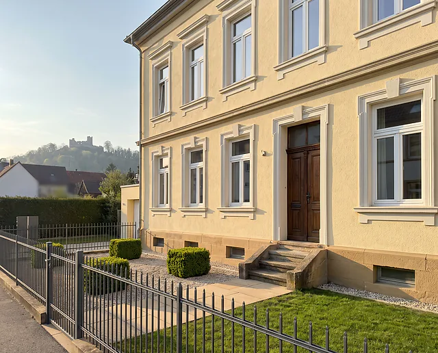 Visualisierung: sanierter Altbau in Emmendingen mit gepflegtem Vorgarten, Kies, Buchs und Zaun, im Hintergrund eine Burgruine auf dem Hügel