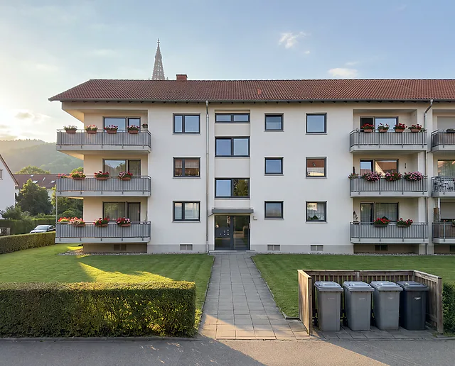 Visualisierung: gepflegtes Mehrfamilienhaus in einem Freiburger Wohnviertel mit gemähtem Rasen, gefegtem Weg und Mülltonnen-Einhausung, in der Ferne der Turm des Freiburger Münsters