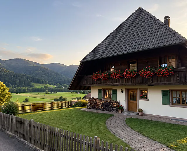 Visualisierung: Wohnhaus im Schwarzwaldstil in Kirchzarten mit gemähtem Rasen, gepflastertem Weg und Holzzaun, dahinter das Dreisamtal