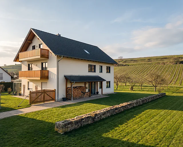 Visualisierung: Mehrfamilienhaus am Ortsrand von March mit gemähtem Rasen und Trockenmauer, dahinter Reben und Obstbäume am Kaiserstuhl