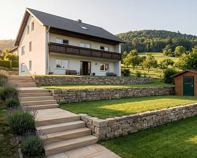 Visualisierung: Haus in Hanglage in Merzhausen mit Natursteinmauern, Sandsteintreppe und gemähten Rasenterrassen, dahinter der bewaldete Schönberg