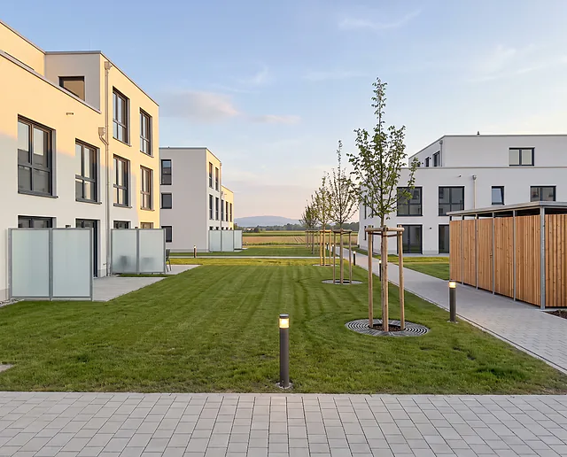 Visualisierung: neue Wohnanlage in Umkirch mit gemähter Gemeinschaftswiese, jungen Bäumen und Wegbeleuchtung, dahinter die Rheinebene